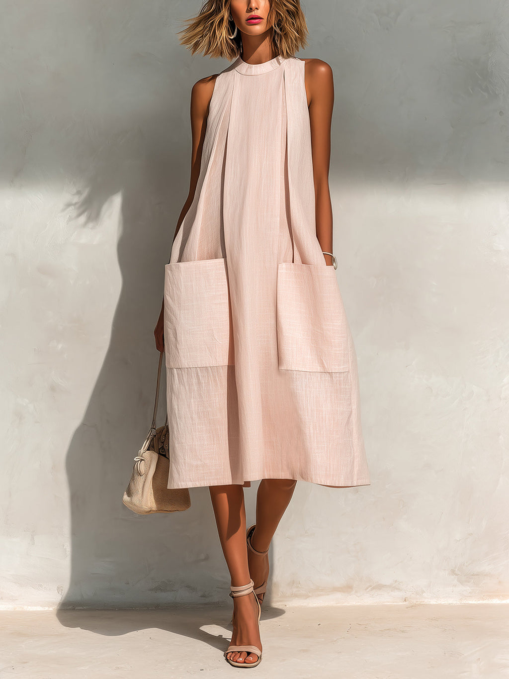 Chic Elegant Light Pink Linen Round-Neck Sleeveless Pleats Detail Patch Pockets Loose-Fit A-Line Midi Dress