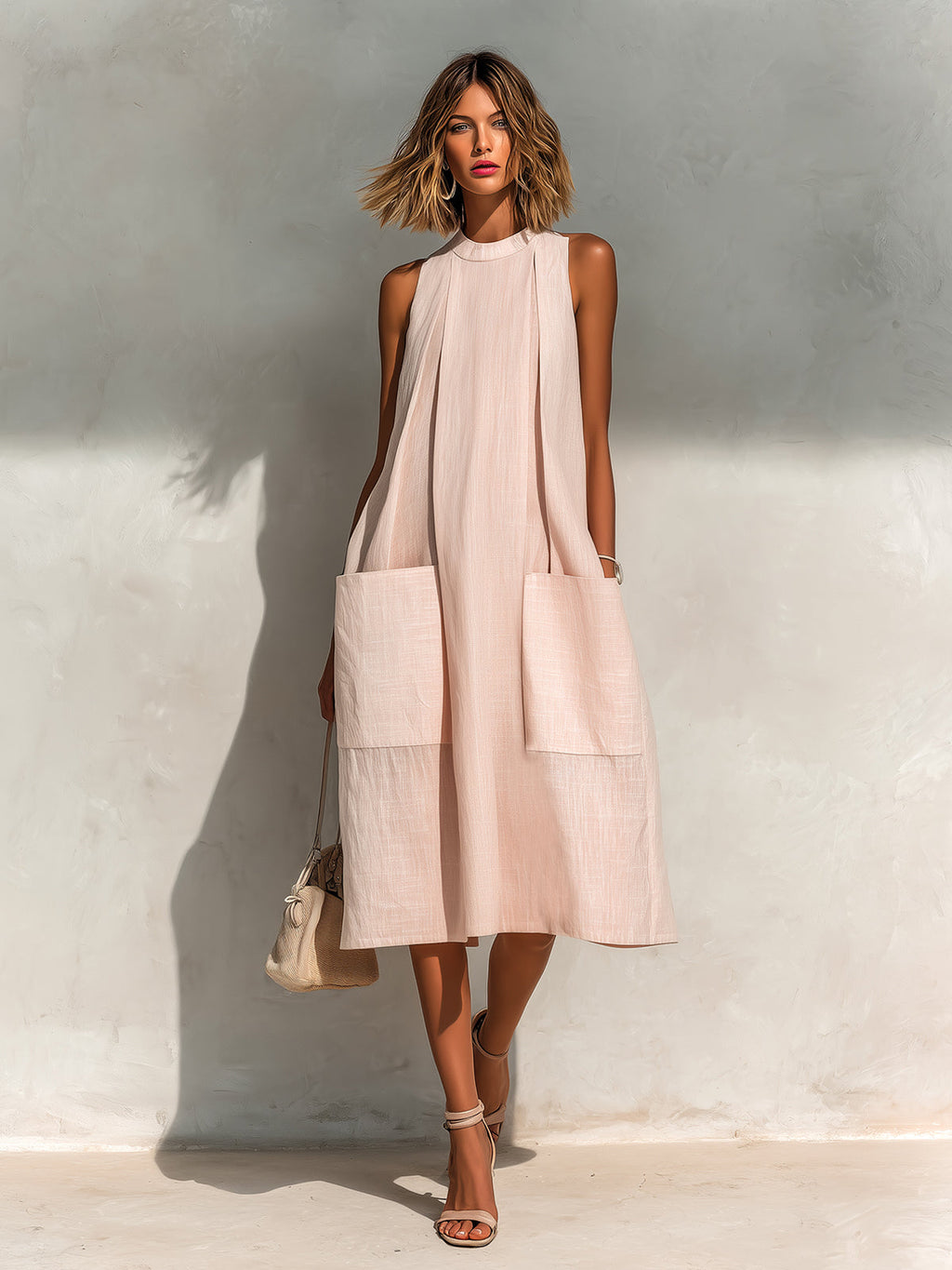 Chic Elegant Light Pink Linen Round-Neck Sleeveless Pleats Detail Patch Pockets Loose-Fit A-Line Midi Dress