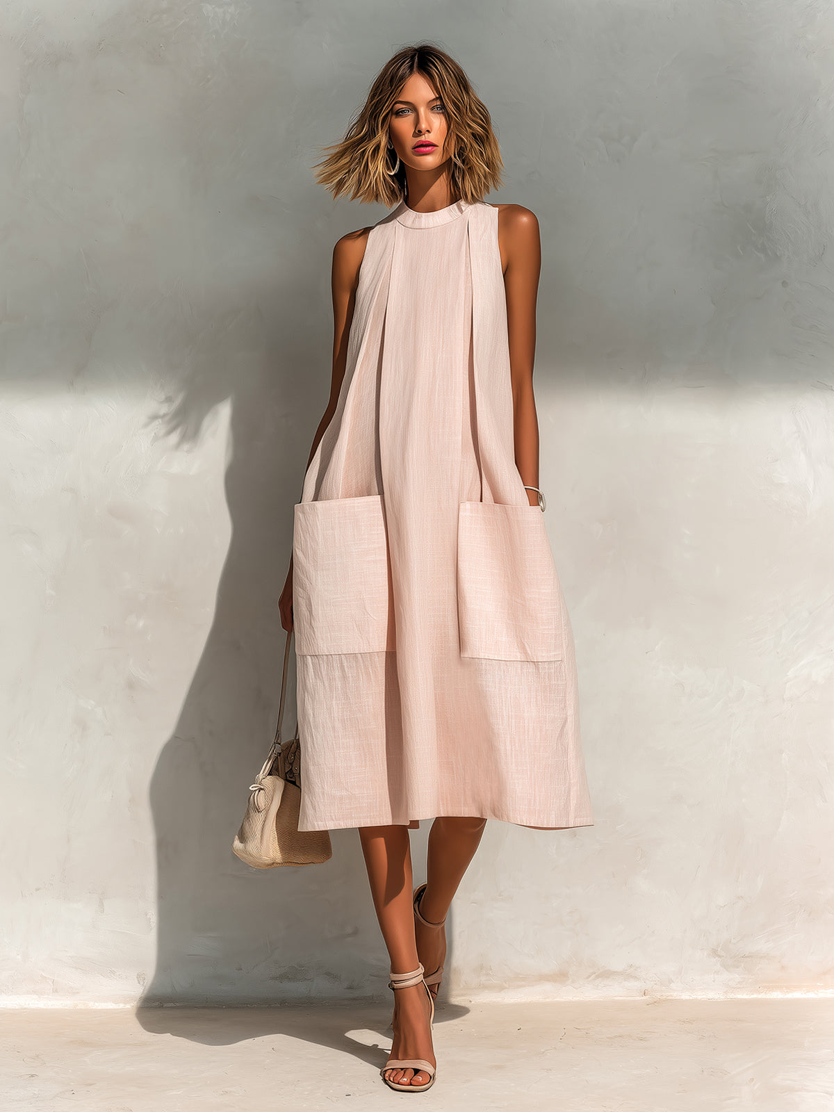Chic Elegant Light Pink Linen Round-Neck Sleeveless Pleats Detail Patch Pockets Loose-Fit A-Line Midi Dress