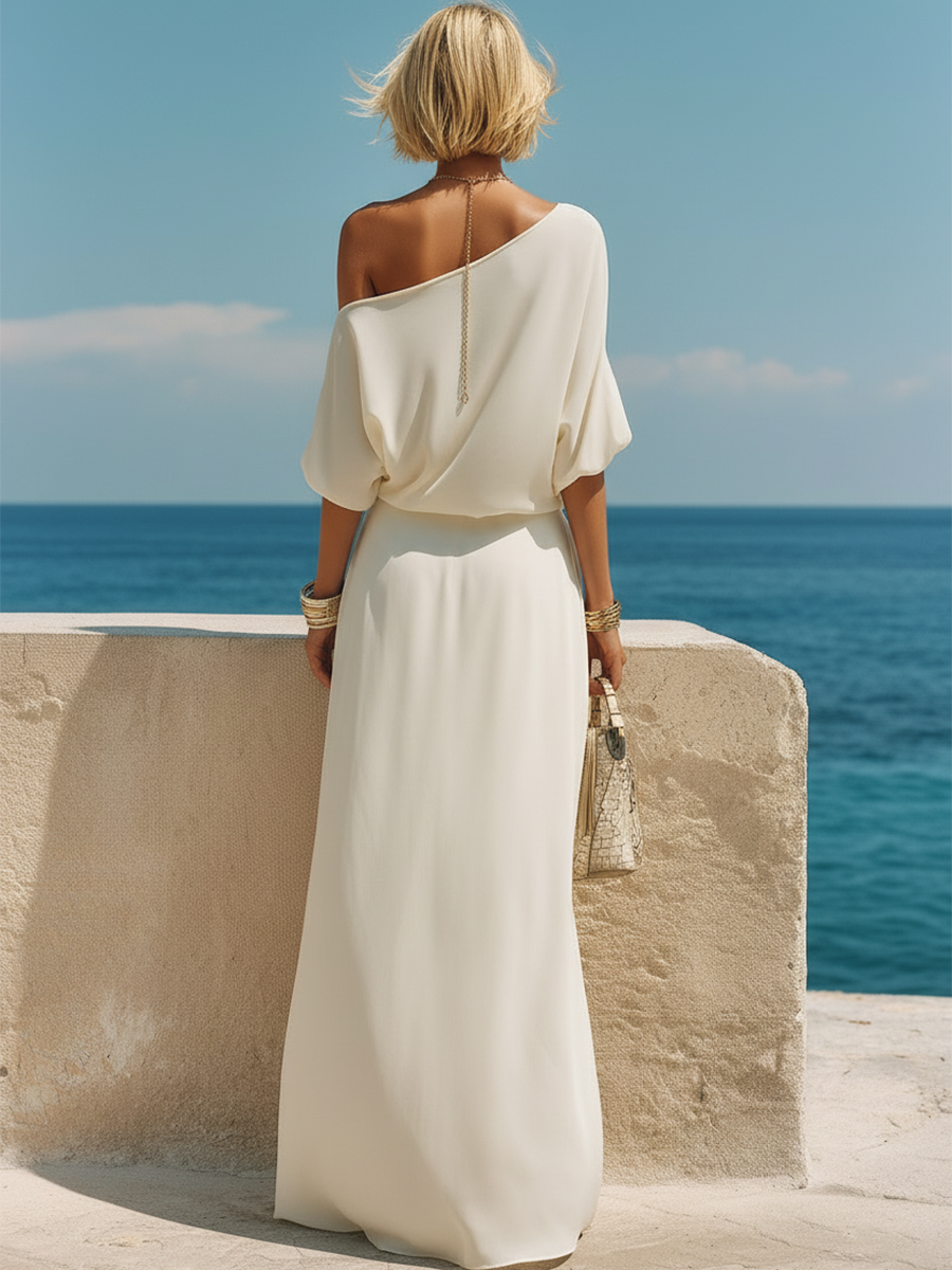 Vacation-Style White Off-Shoulder Short-Sleeve Top And Skirt Set