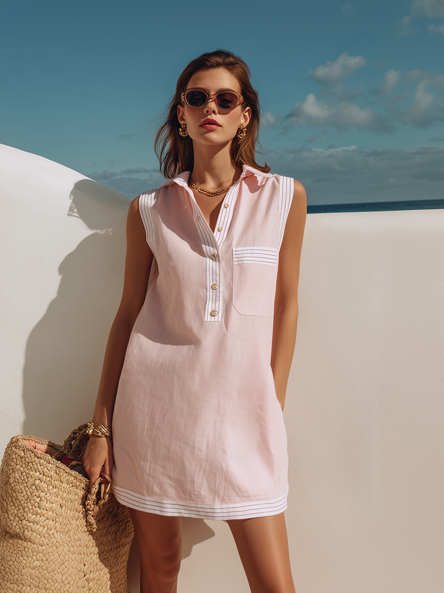 Casual Resort Striped Trim Sleeveless Light Pink Cotton Linen Mini Dress