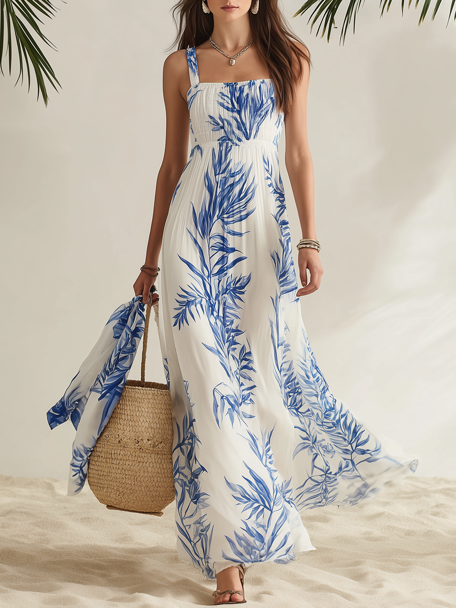 Resort-style Square Neck Sleeveless Printed Chiffon Maxi Dress