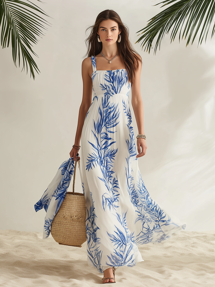 Resort-style Square Neck Sleeveless Printed Chiffon Maxi Dress