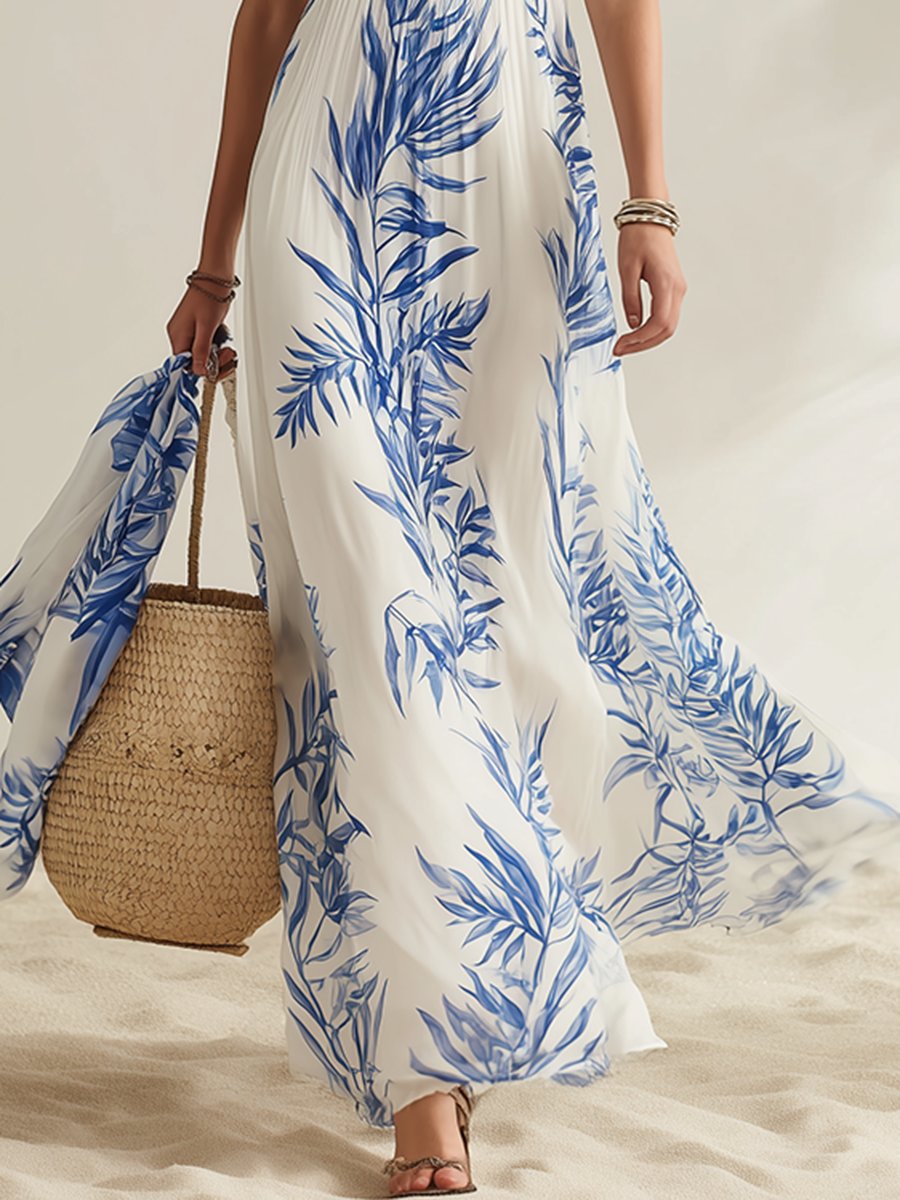 Resort-style Square Neck Sleeveless Printed Chiffon Maxi Dress