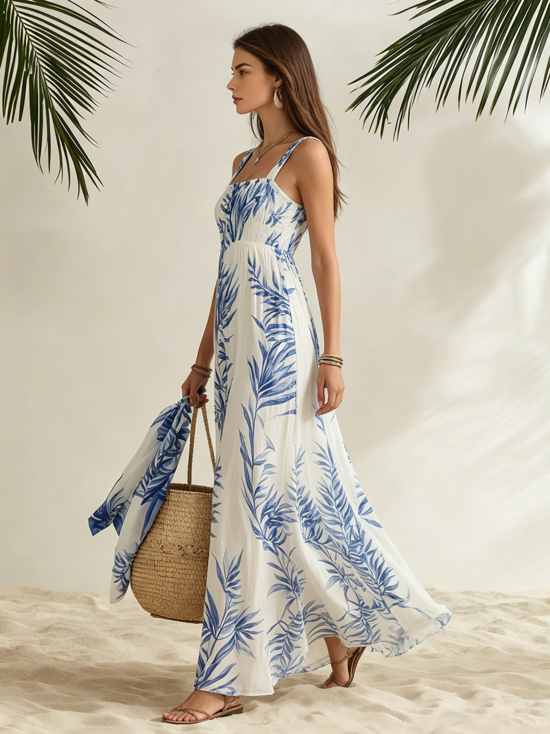 Resort-style Square Neck Sleeveless Printed Chiffon Maxi Dress