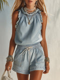 Seaside Leisure Vacation Ruffled Light Blue Denim Top And Shorts Set