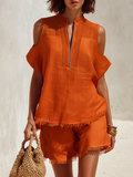 Chic Bohemian Short-Sleeve Cutout Frayed-Hem Orange Top And Shorts Set