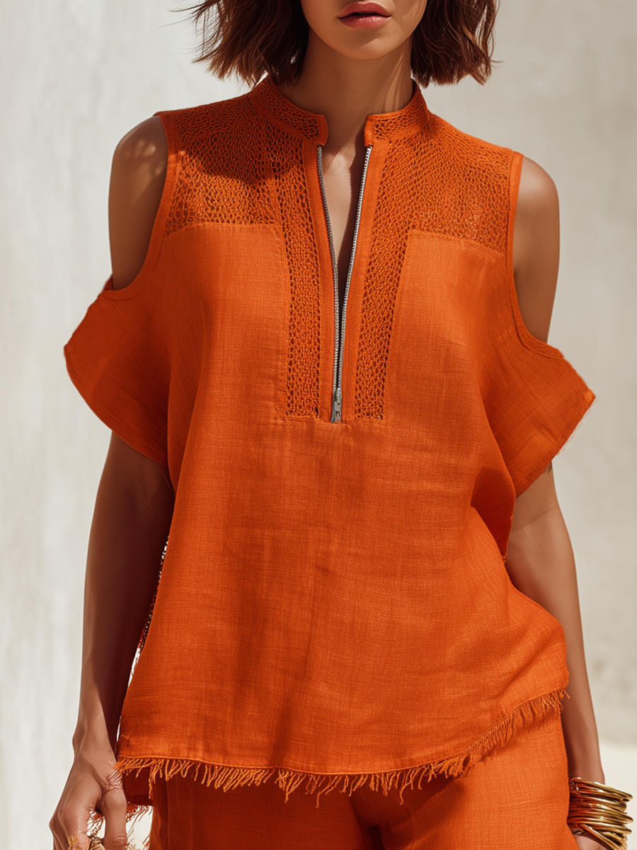 Chic Bohemian Short-Sleeve Cutout Frayed-Hem Orange Top And Shorts Set