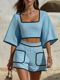 Resort-style Square-neck Short-sleeved Black-trimmed Top And Shorts Set