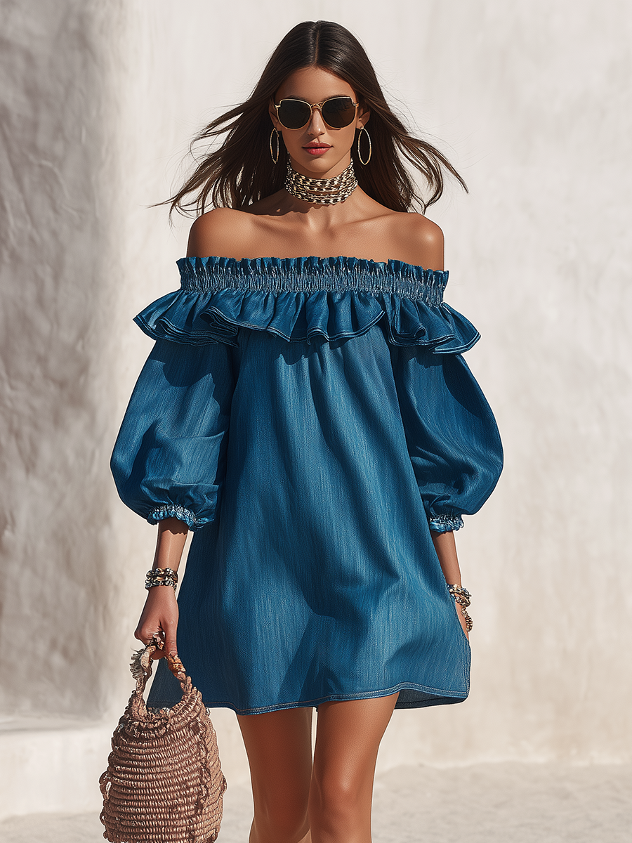 Resort-style off-the-shoulder ruffled three-quarter sleeve denim mini dress