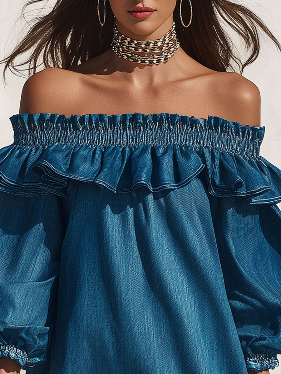 Resort-style off-the-shoulder ruffled three-quarter sleeve denim mini dress