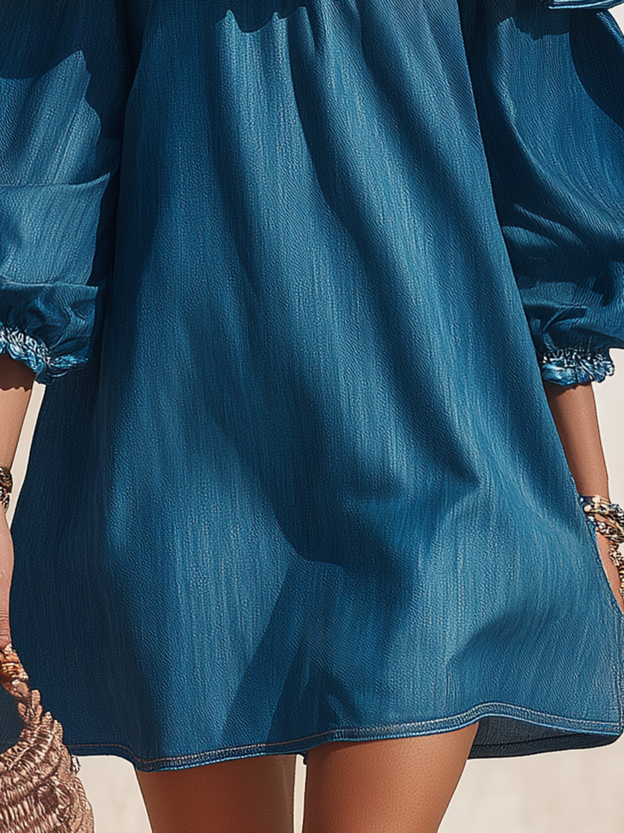 Resort-style off-the-shoulder ruffled three-quarter sleeve denim mini dress