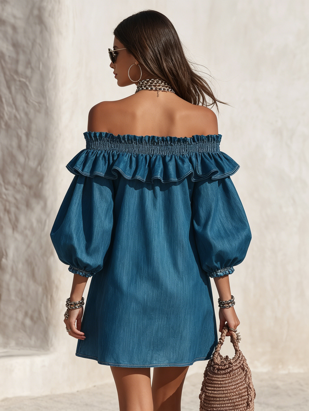 Resort-style off-the-shoulder ruffled three-quarter sleeve denim mini dress