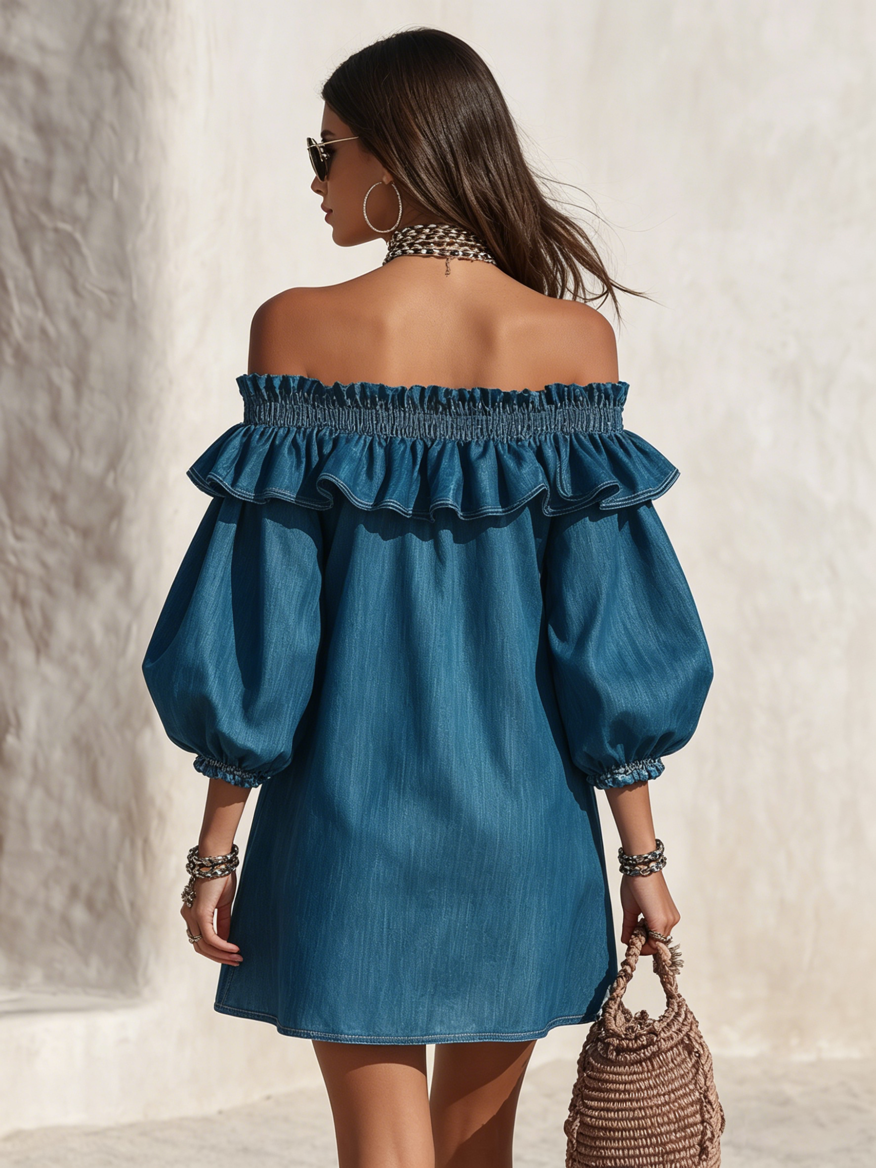 Resort-style off-the-shoulder ruffled three-quarter sleeve denim mini dress