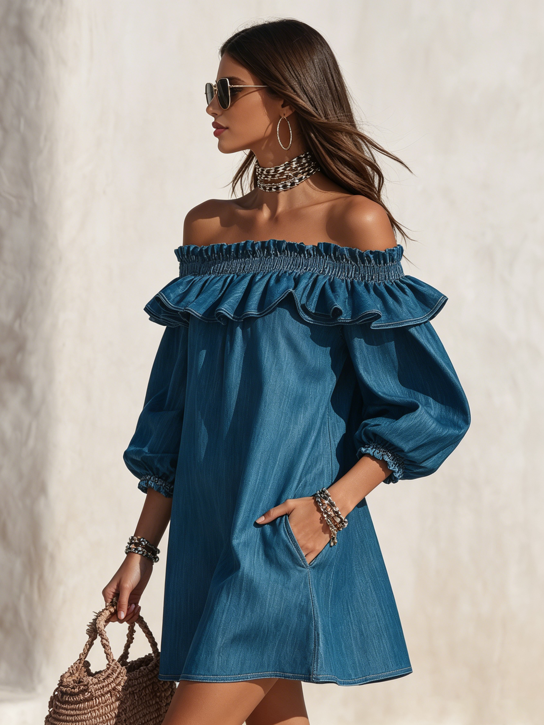 Resort-style off-the-shoulder ruffled three-quarter sleeve denim mini dress