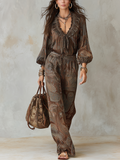 Brown Paisley Print Ruffled Shirt And Wide-leg Trousers Suit
