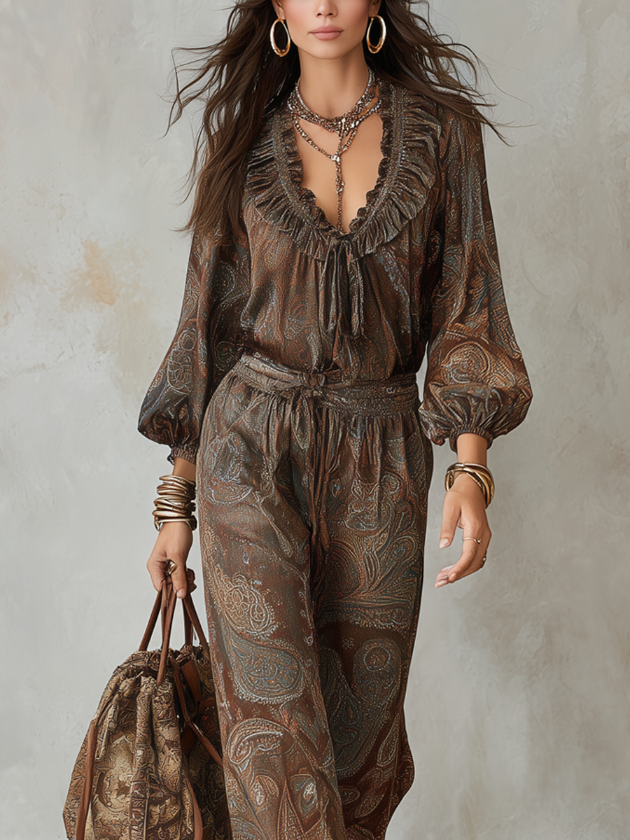 Brown Paisley Print Ruffled Shirt And Wide-leg Trousers Suit