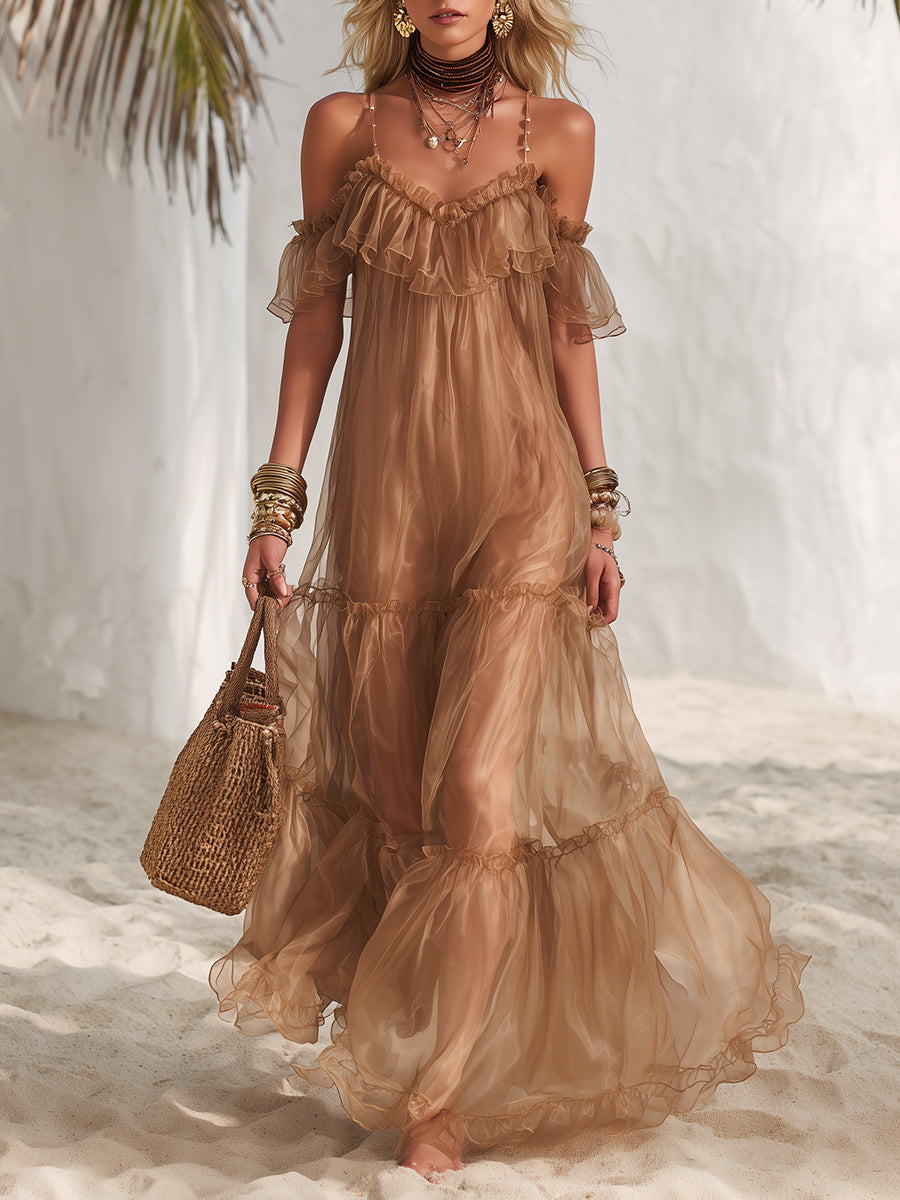 Bohemian Vacation Caramel-colored Flowy Ruffled Maxi Dress