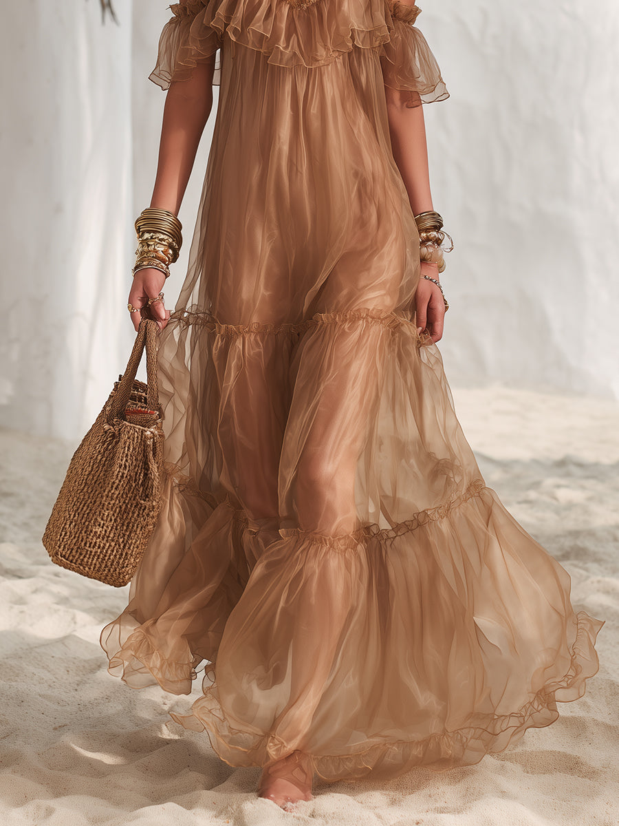 Bohemian Vacation Caramel-colored Flowy Ruffled Maxi Dress