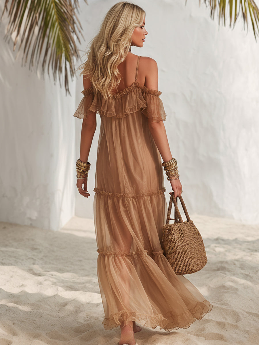 Bohemian Vacation Caramel-colored Flowy Ruffled Maxi Dress