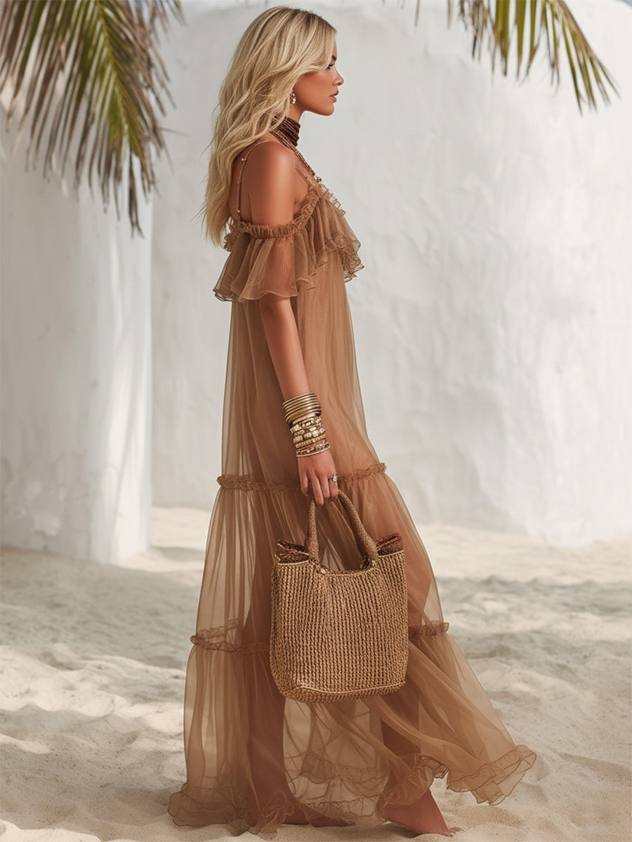 Bohemian Vacation Caramel-colored Flowy Ruffled Maxi Dress
