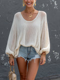 Chic Elegant Cream White Round-Neck Long Lantern Sleeve Loose-Fit Mesh Knit Sweater Top
