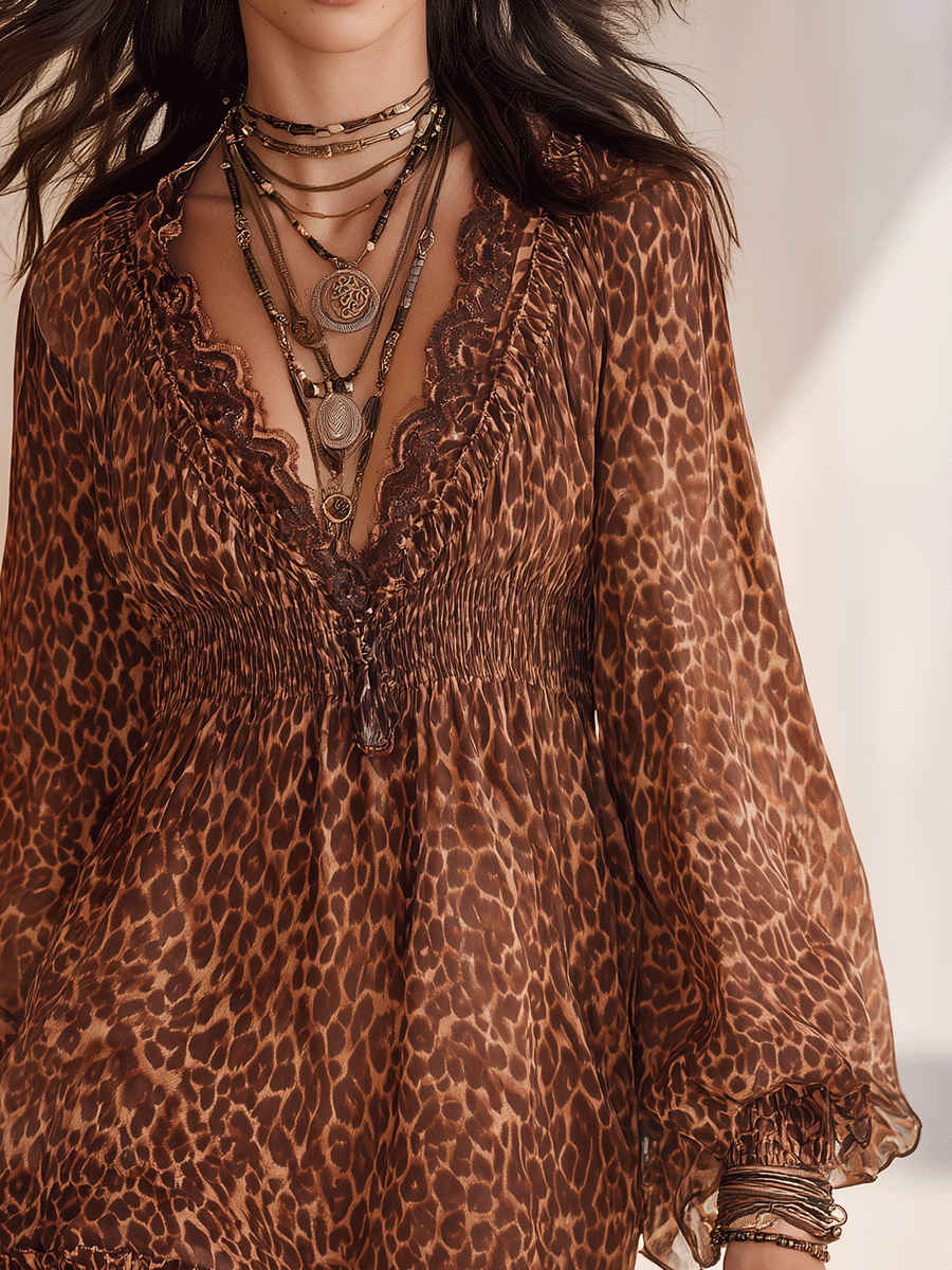Brown Leopard Print V-neck Ruffled Chiffon Mini Dress