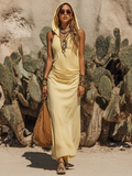 Wandering Desert Hooded Pleated Light Yellow Cotton-Linen Maxi Dress