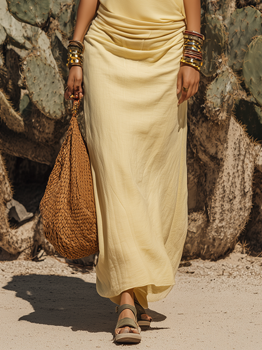 Wandering Desert Hooded Pleated Light Yellow Cotton-Linen Maxi Dress
