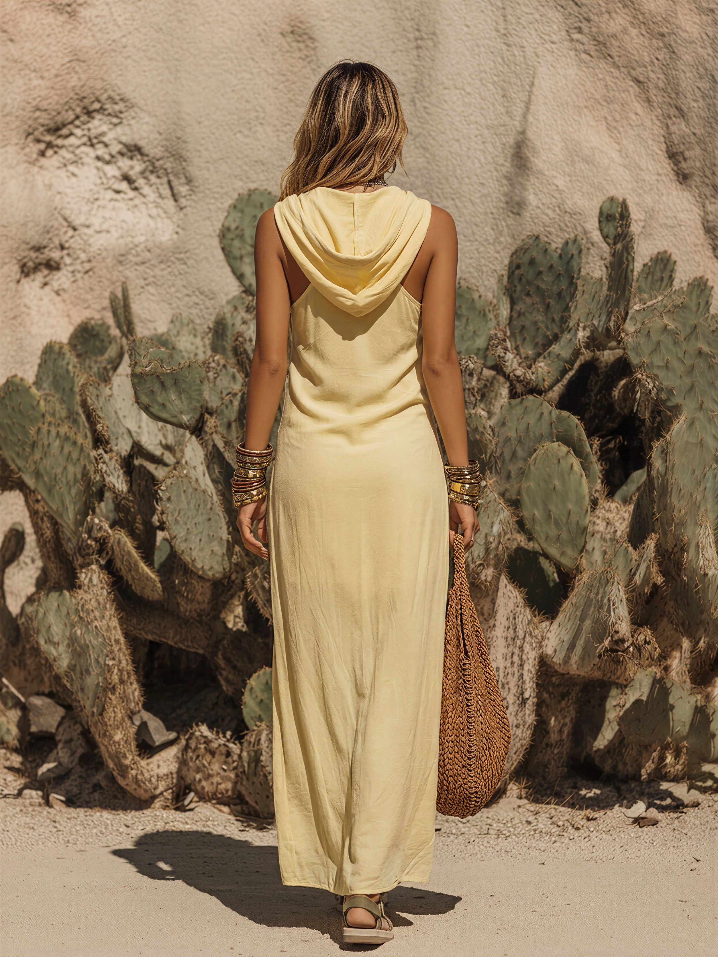 Wandering Desert Hooded Pleated Light Yellow Cotton-Linen Maxi Dress