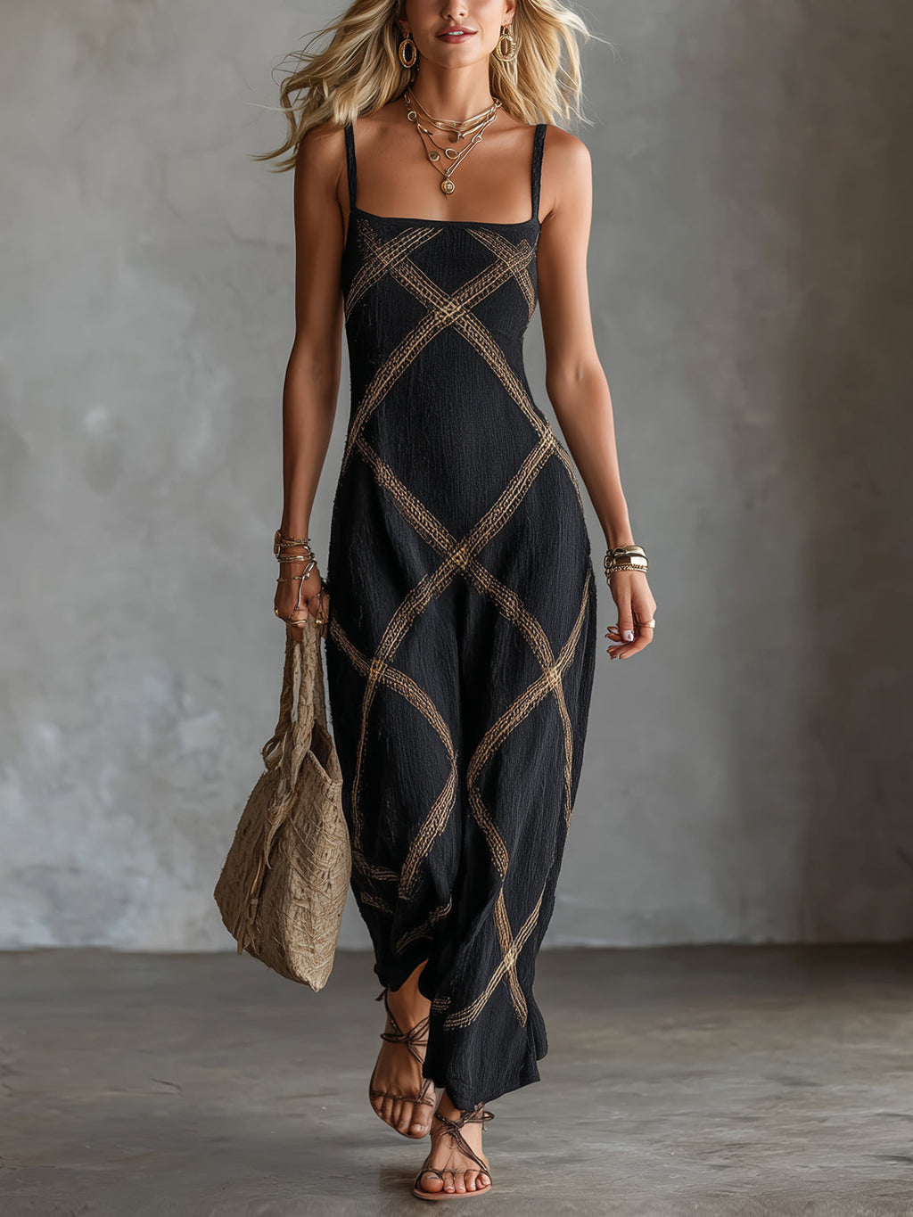 Chic Elegant Black-Camel Geometrical Printed Spaghetti Straps Square-Neck Sleeveless A-Line Maxi Dress