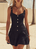 Bohemian Resort Black Cotton Linen Button Mini Sleeveless Dress