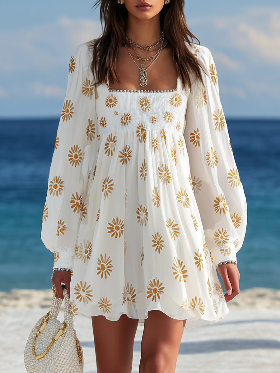 Resort-style Square Neck Lantern Sleeve Printed Mini Dress