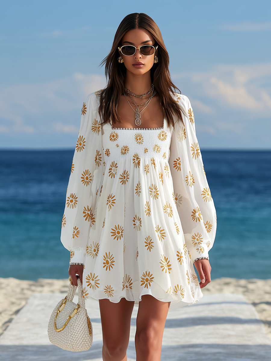 Resort-style Square Neck Lantern Sleeve Printed Mini Dress