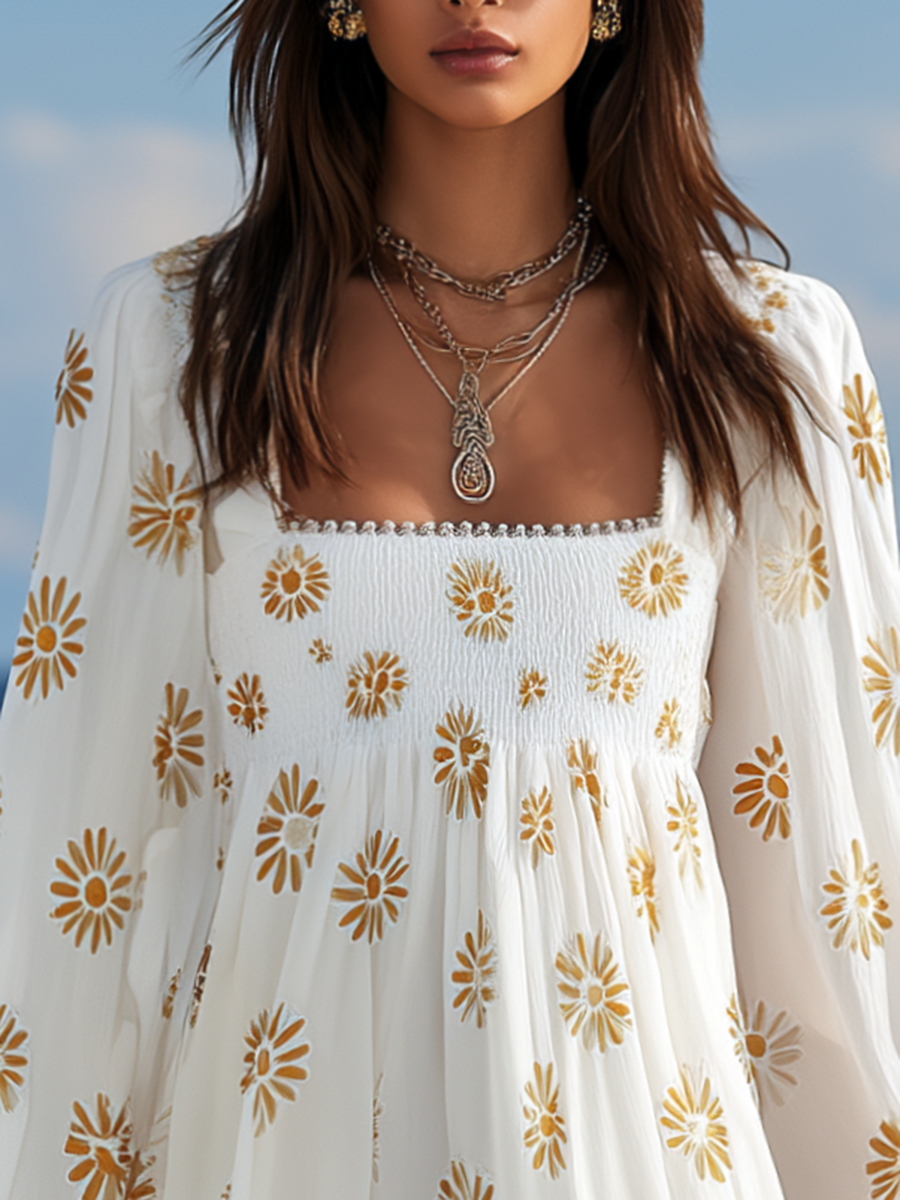 Resort-style Square Neck Lantern Sleeve Printed Mini Dress