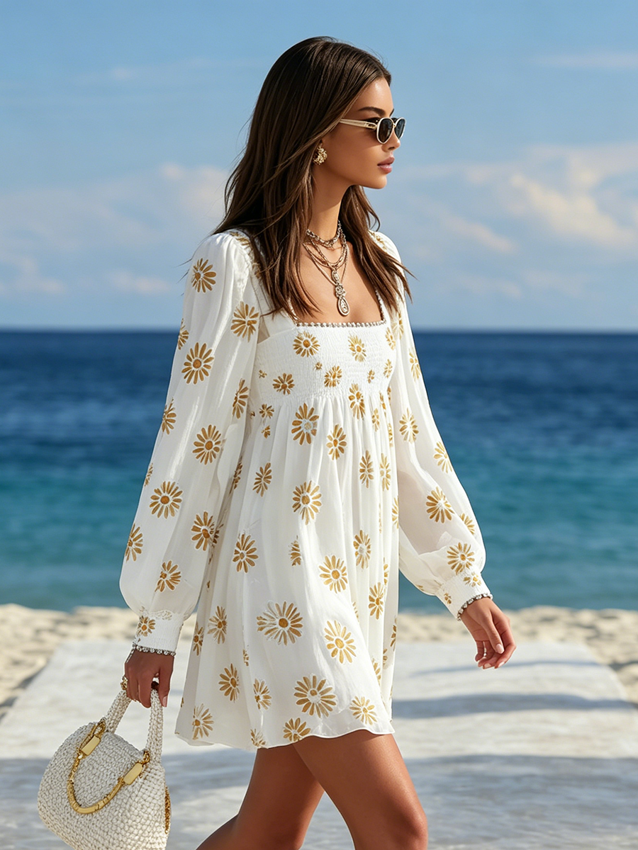 Resort-style Square Neck Lantern Sleeve Printed Mini Dress