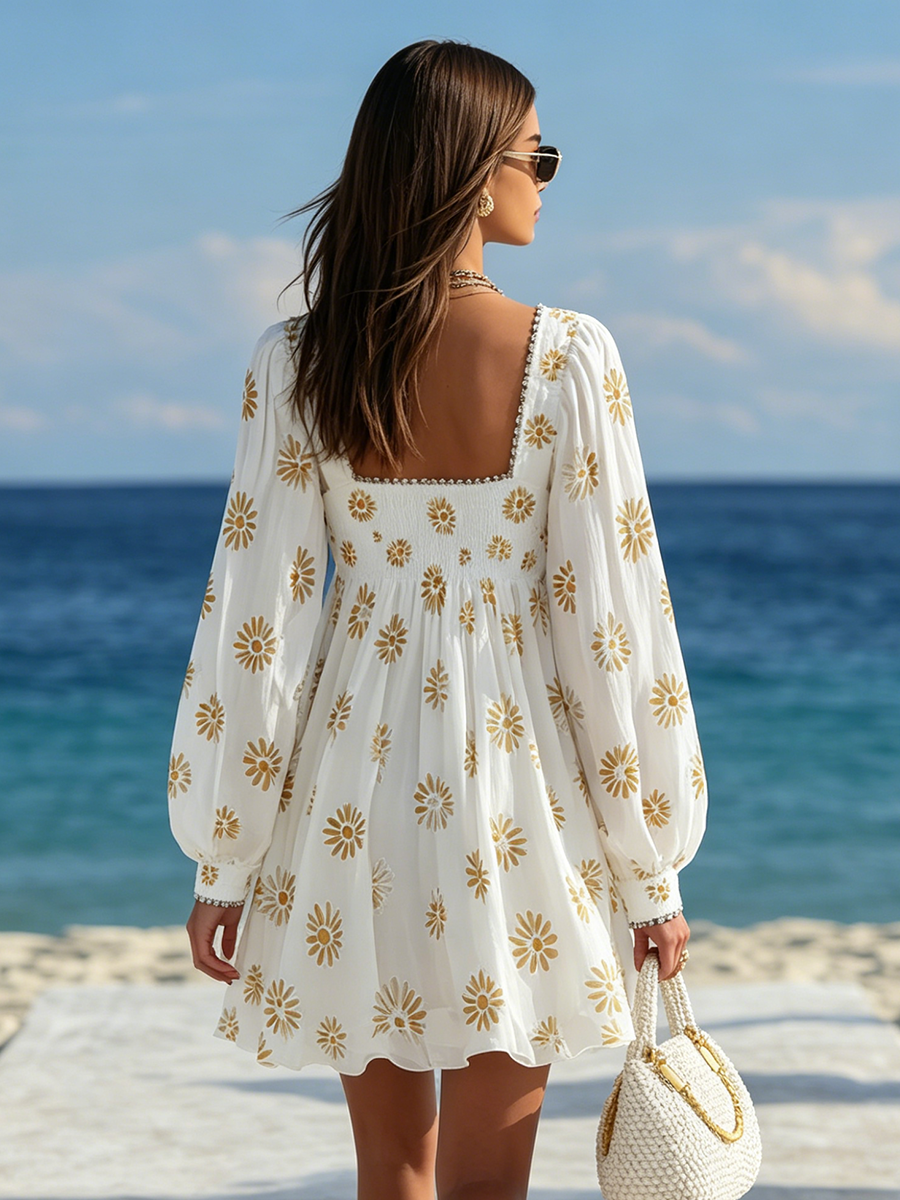 Resort-style Square Neck Lantern Sleeve Printed Mini Dress