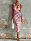 Chic Elegant Pink V-Neck Sleeveless Slim-Fit Hollow-Out Knit Midi Dress