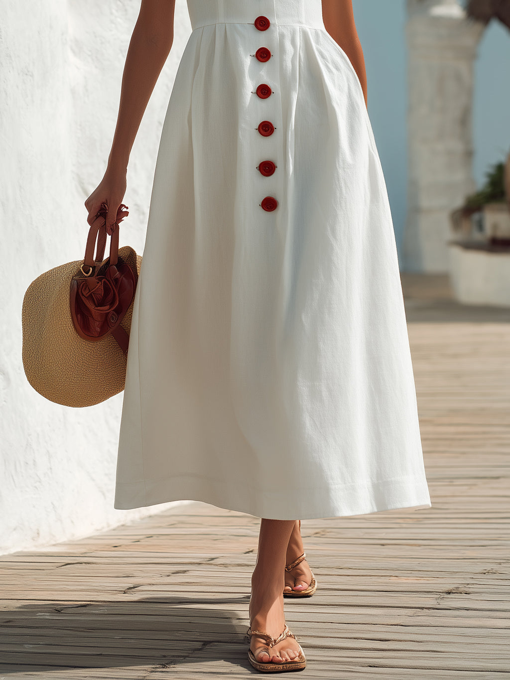 Capri Vibe White Linen Blend Button Front Midi Dress