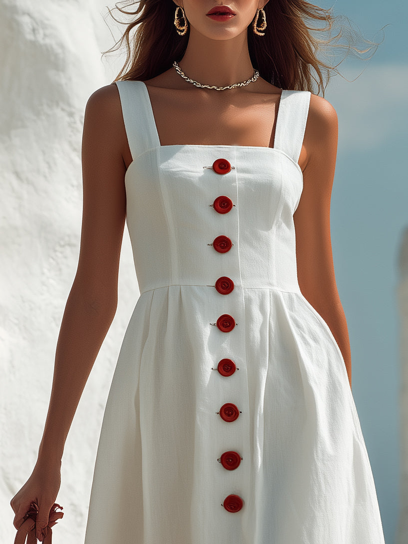 Capri Vibe White Linen Blend Button Front Midi Dress