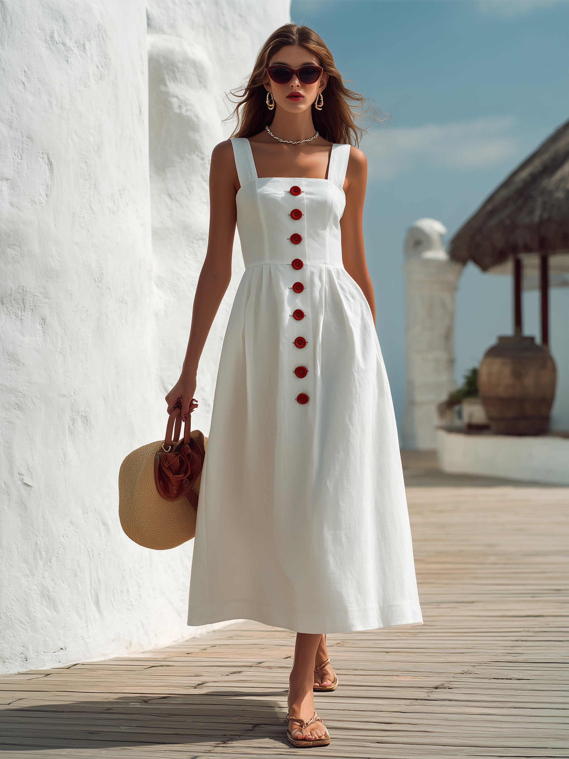 Capri Vibe White Linen Blend Button Front Midi Dress