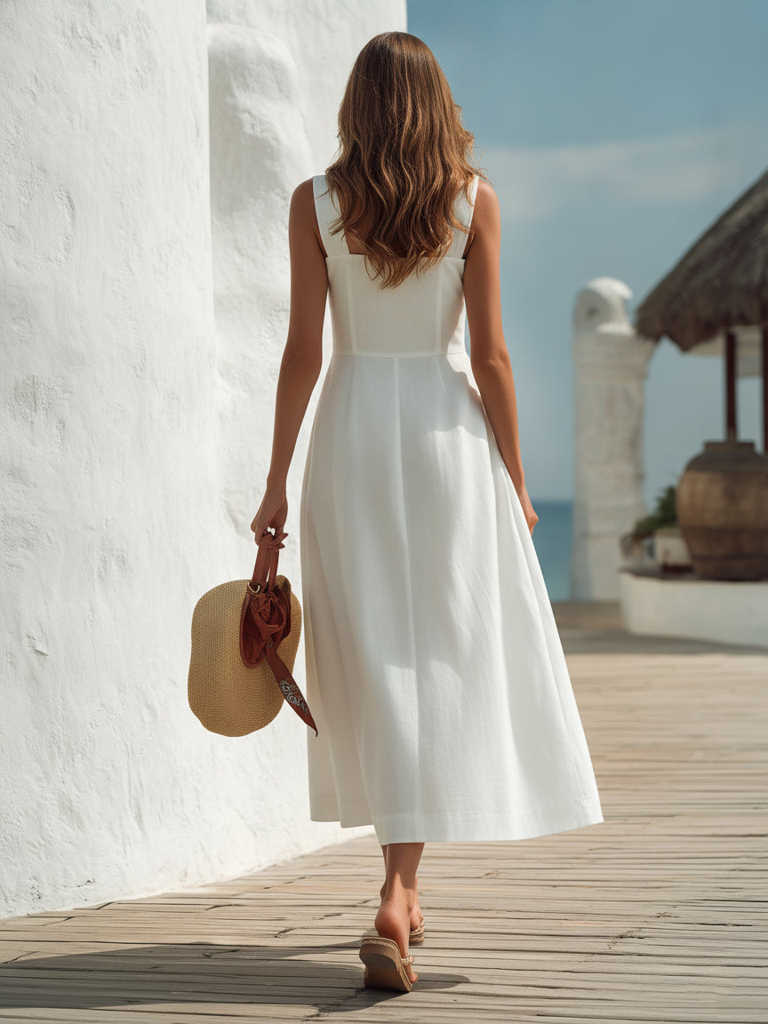 Capri Vibe White Linen Blend Button Front Midi Dress