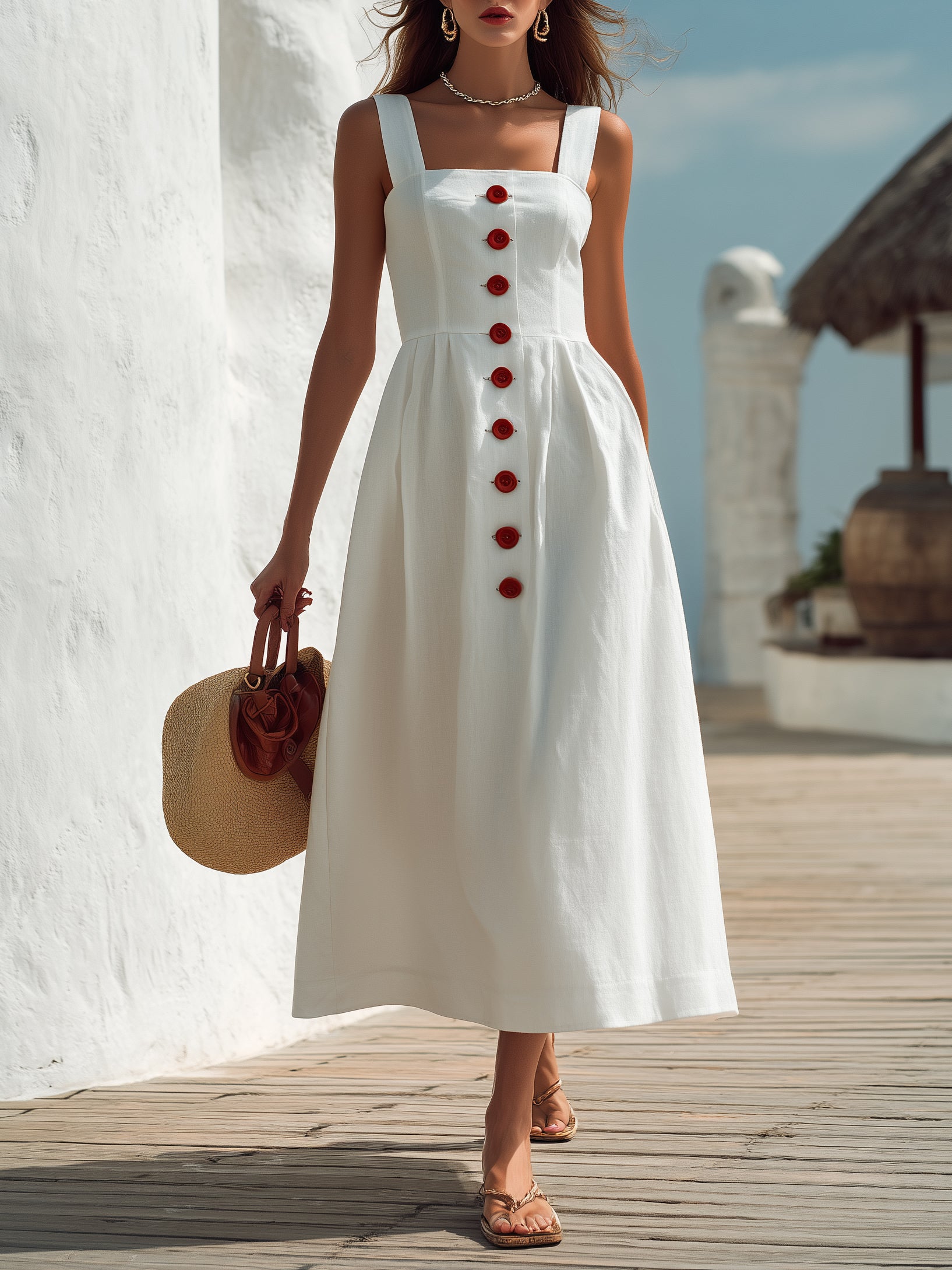Capri Vibe White Linen Blend Button Front Midi Dress