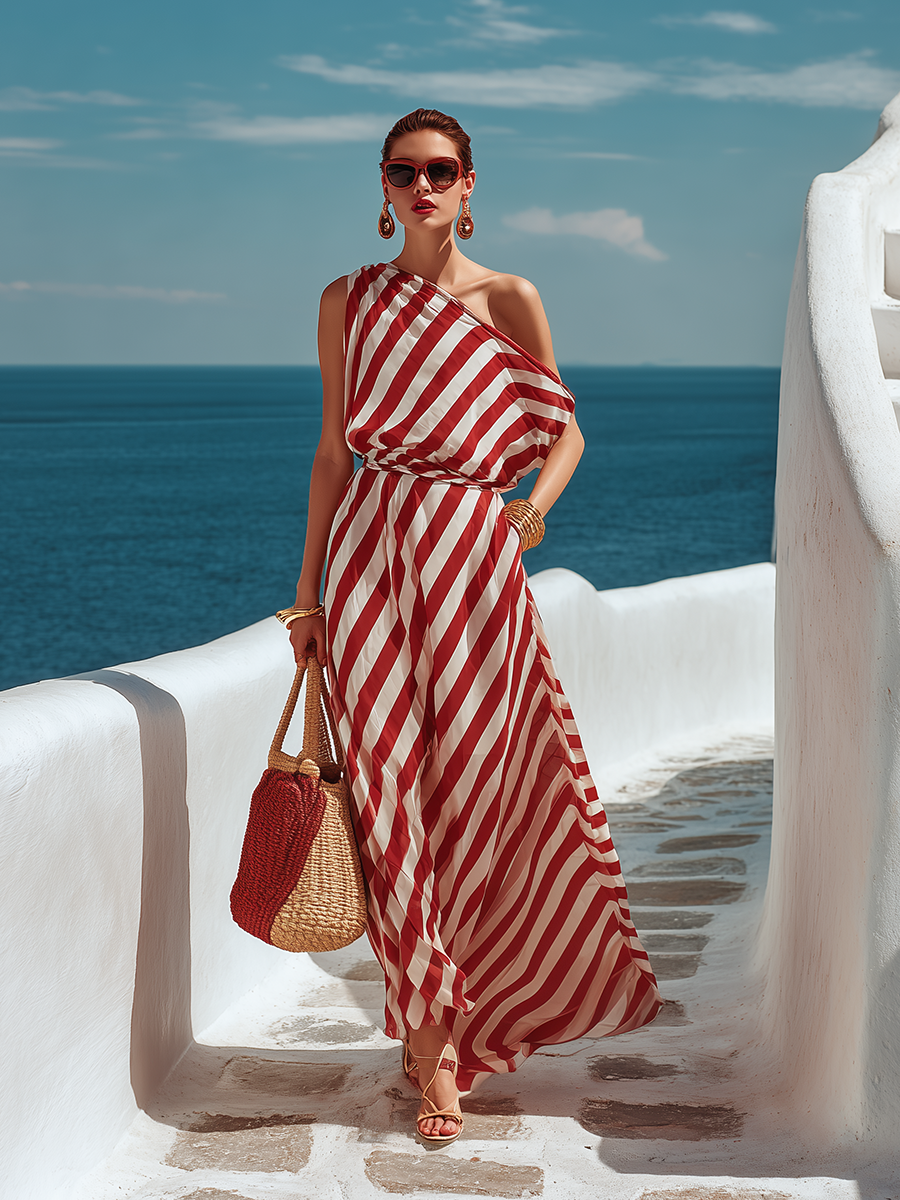 Beach Vacation One-Shoulder Red And White Striped Chiffon Maxi Dress