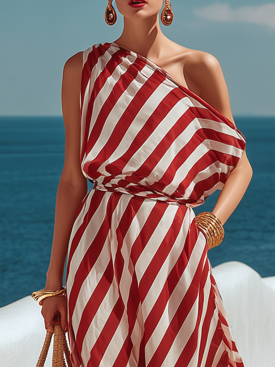 Beach Vacation One-Shoulder Red And White Striped Chiffon Maxi Dress