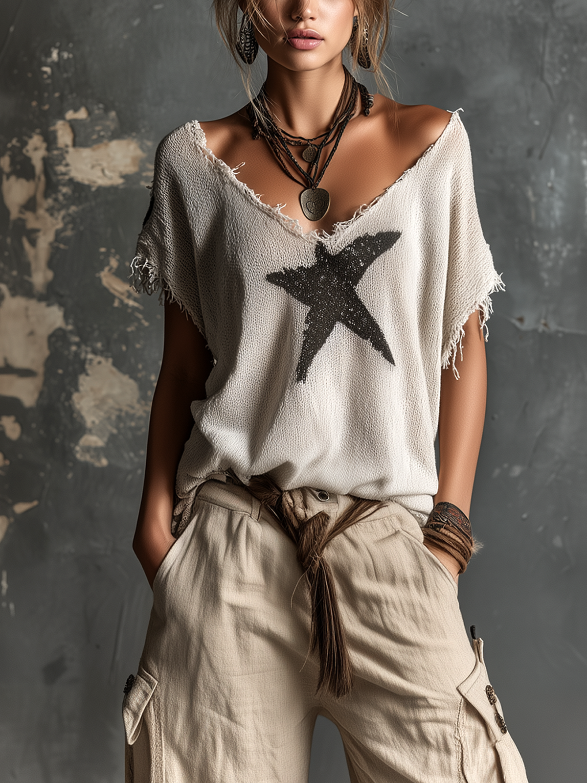 Chic Casual White V-Neck Star Print  Raw Edge Dolman Sleeves Loose-Fit Knit SweaterTop