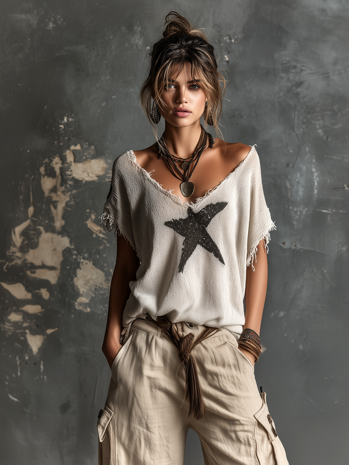 Chic Casual White V-Neck Star Print  Raw Edge Dolman Sleeves Loose-Fit Knit SweaterTop