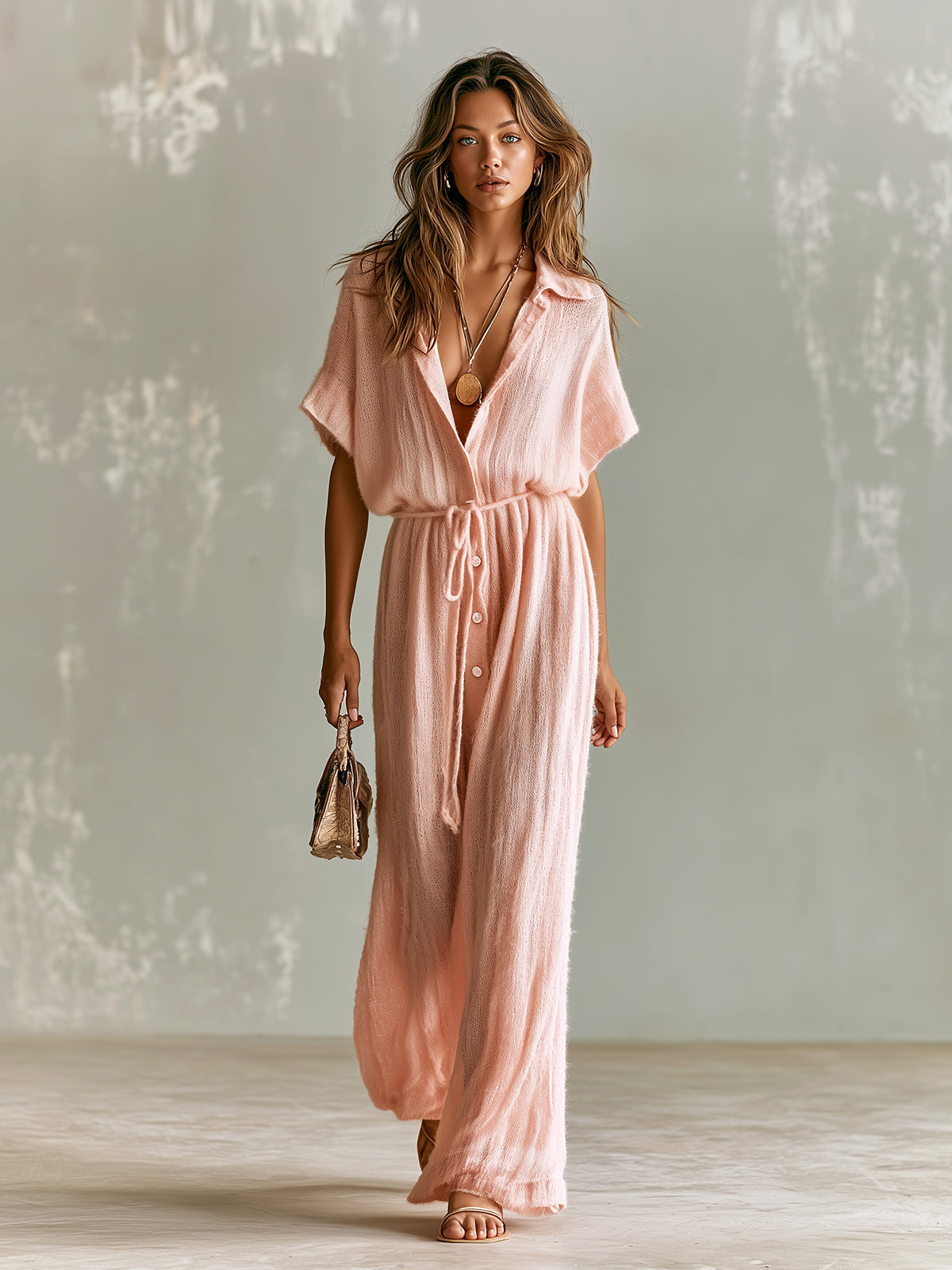 Chic Elegant Pink Lapel-Collar Short-Sleeve Single-Breasted Tie-Waist Loose-Fit Breathable Knit Wide-Leg Jumpsuit