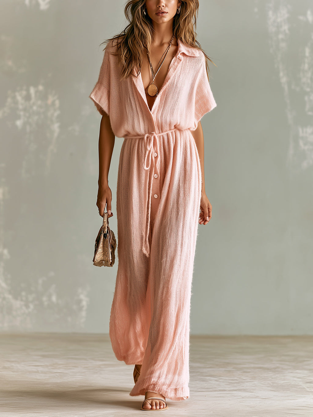 Chic Elegant Pink Lapel-Collar Short-Sleeve Single-Breasted Tie-Waist Loose-Fit Breathable Knit Wide-Leg Jumpsuit