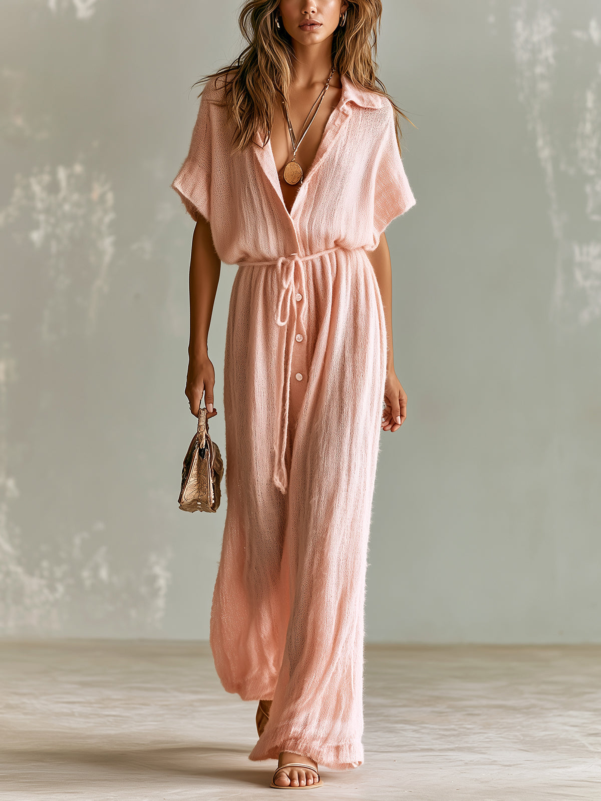 Chic Elegant Pink Lapel-Collar Short-Sleeve Single-Breasted Tie-Waist Loose-Fit Breathable Knit Wide-Leg Jumpsuit